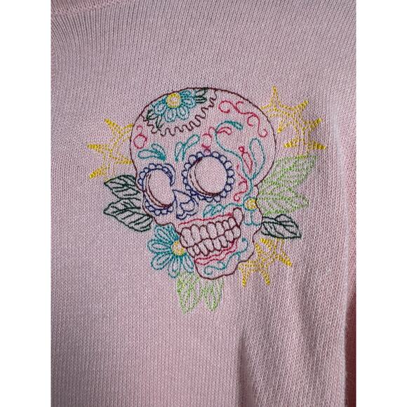 Rock Steady NYC Brand Women’s Pink Button Down Sweater Skull Patch Size Medium - Picture 3 of 6